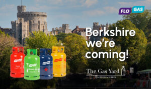 Banner: Photo composite with Windsor Castle in background, FloGas gas bottles overlaid and text that reads: Berkshire we're coming!