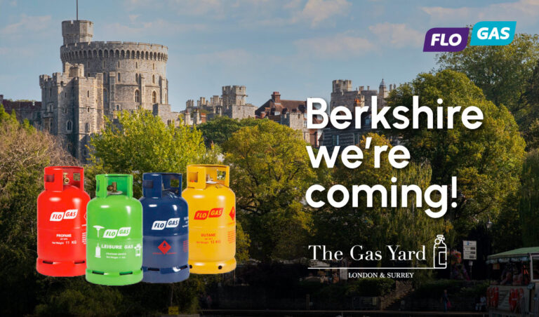 Banner: Photo composite with Windsor Castle in background, FloGas gas bottles overlaid and text that reads: Berkshire we're coming!