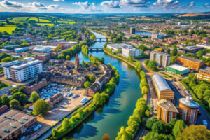 Aerial photo of town in Berkshire, UK
