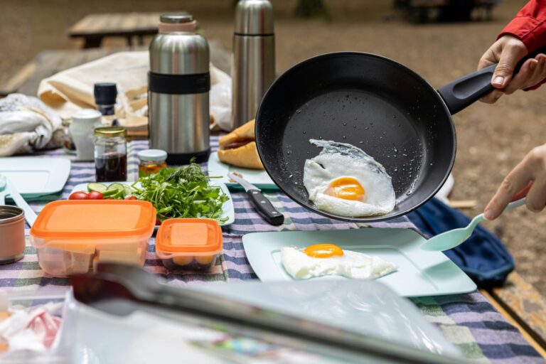 Outdoor cooking on camping gas stove